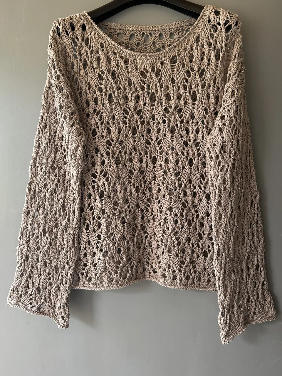 Hand Knitted Lace Sweater, Oversized Cotton Pullover with Sequins and Beads, Brunello Cucinelli Inspired Knitwear